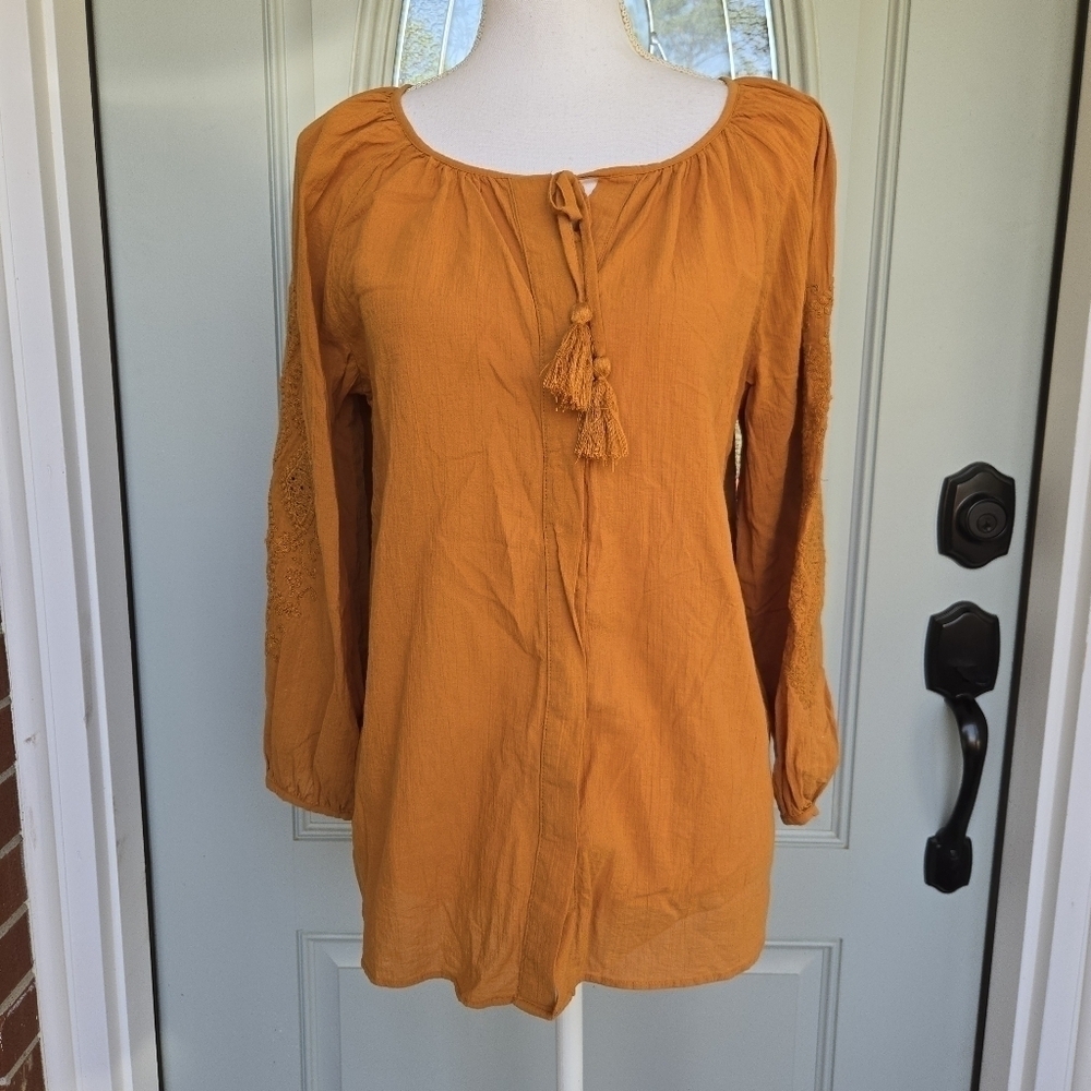 Massimo Dutti Mustard Yellow Tie Neck Tassel Embroidered Blouse